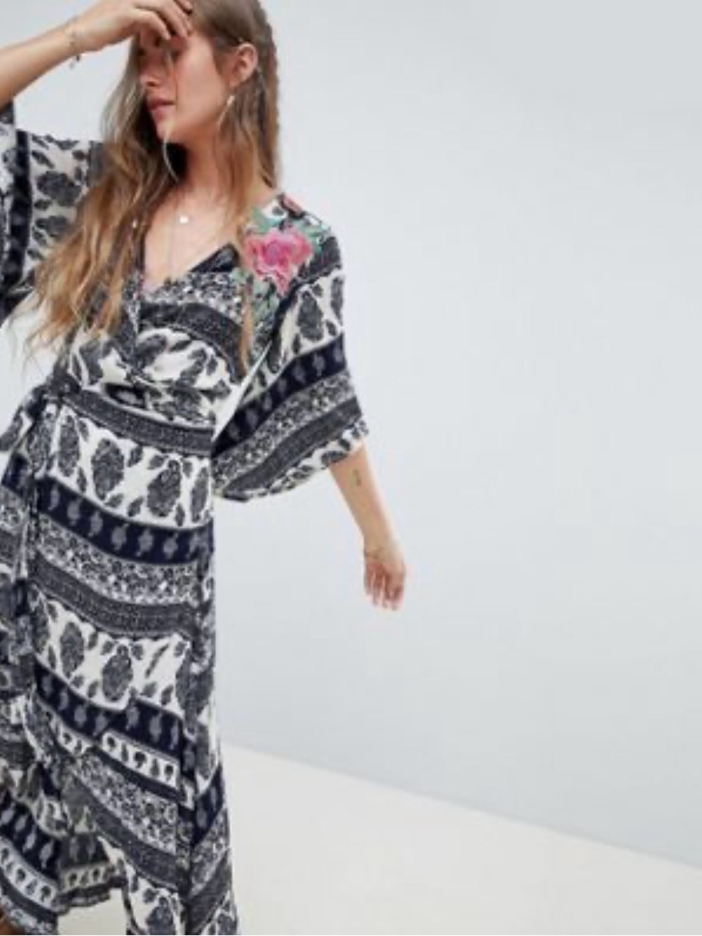 Boho Black & White Print Maxi Dress with Pink Floral Accent